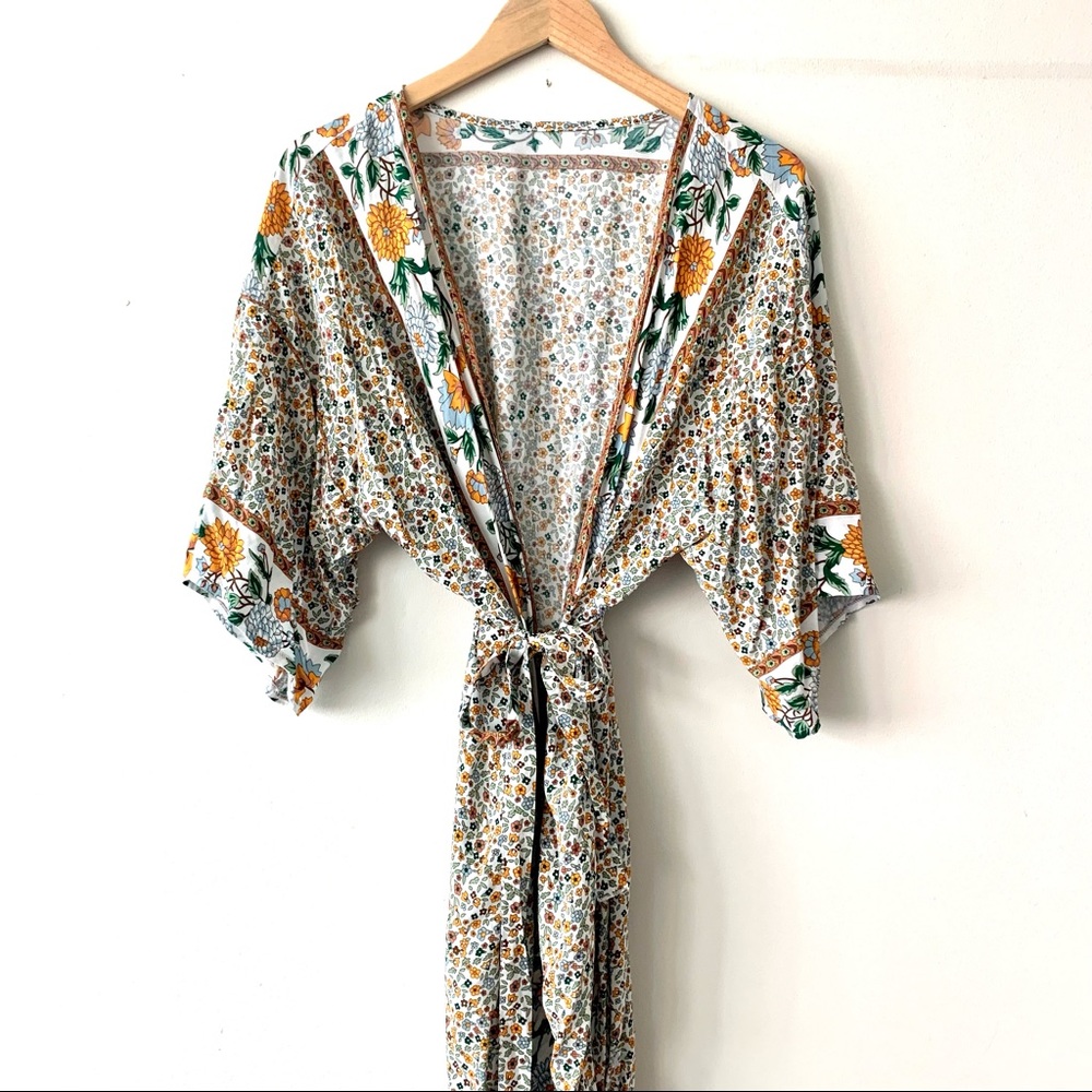 Floral Maxi Swim Coverup Kimono in Cream and Tan - Picture 6 of 7